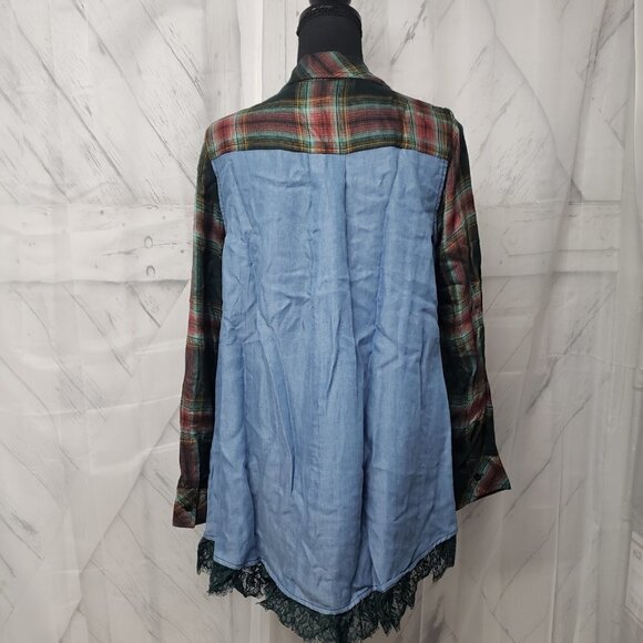 Logo Green Plaid Lace Chambray Modal Button Down Tunic Blouse Size 6 - Picture 8 of 13